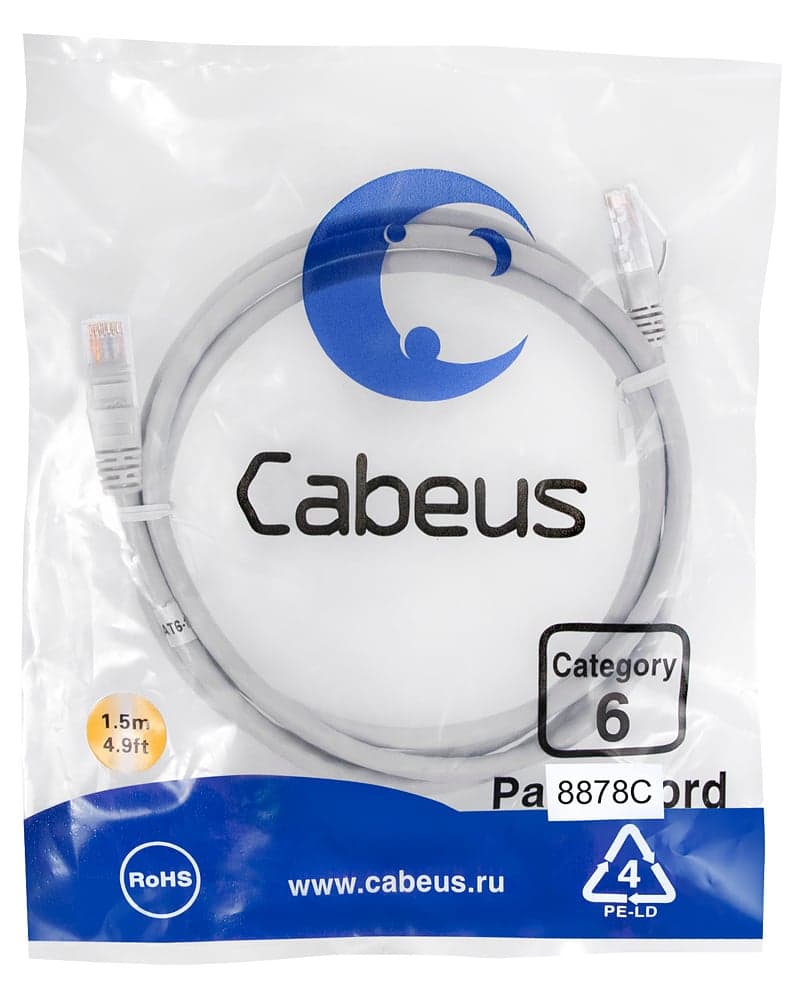 Cabeus PC-UTP-RJ45-Cat.6-1.5m-LSZH Патч-корд U/UTP, категория 6, 2xRJ45/8p8c, неэкранированный, серый, LSZH, 1.5м