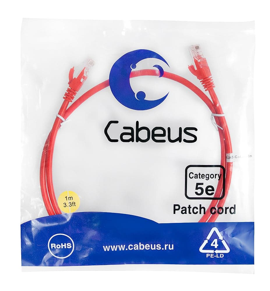 Cabeus PC-UTP-RJ45-Cat.5e-1m-RD Патч-корд U/UTP, категория 5е, 2xRJ45/8p8c, неэкранированный, красный, PVC, 1м