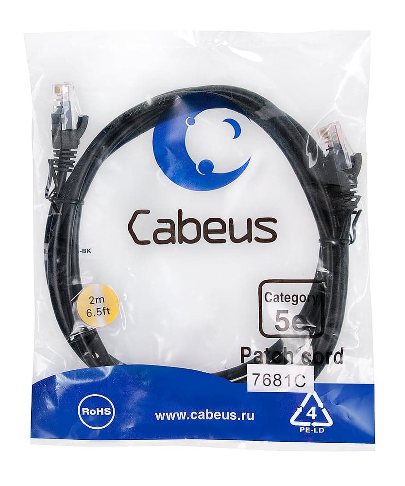 Cabeus PC-UTP-RJ45-Cat.5e-2m-BK Патч-корд U/UTP, категория 5е, 2xRJ45/8p8c, неэкранированный, черный, PVC, 2м