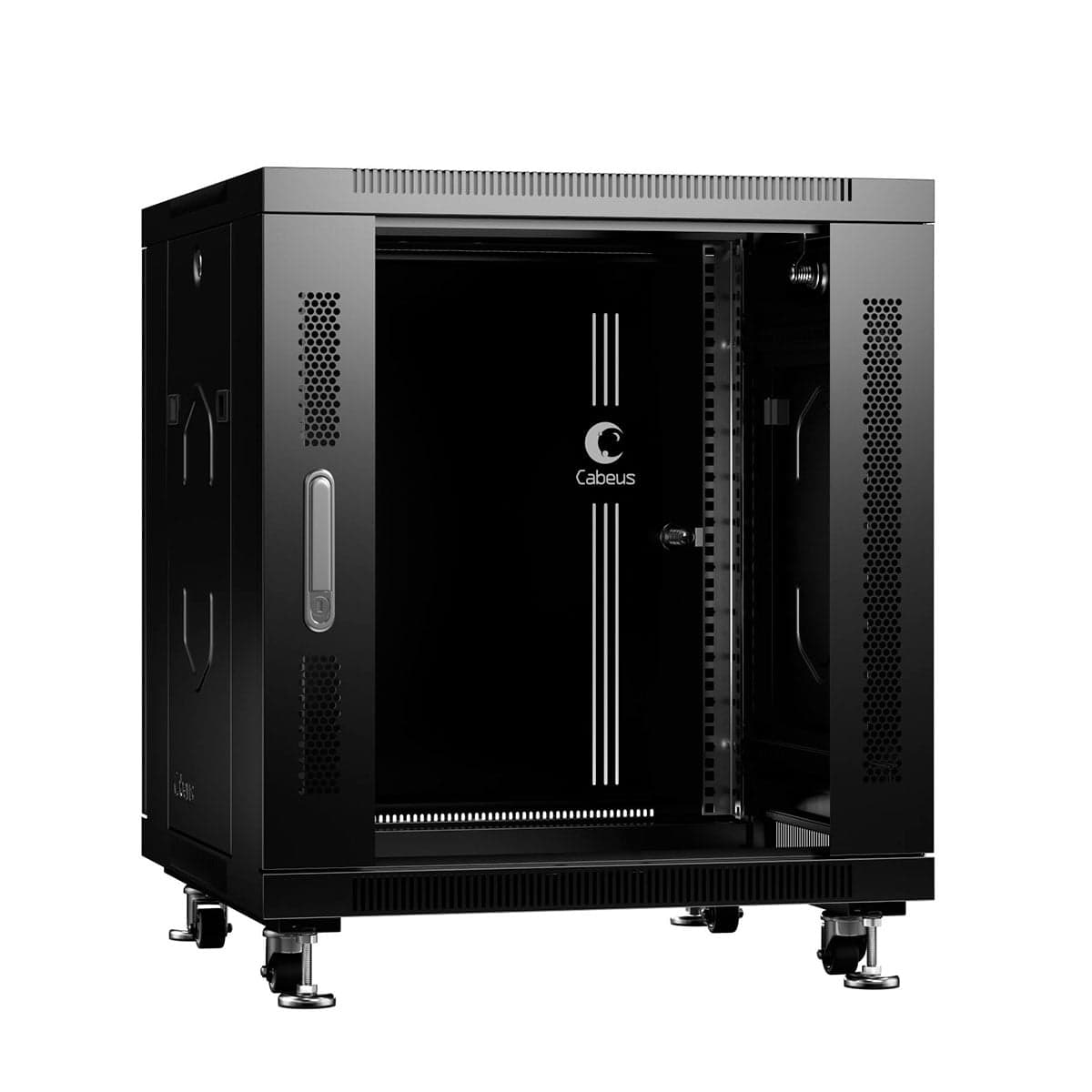 Cabeus SH-05C-12U60/80-BK Шкаф монтажный телекоммуникационный 19" напольный для распределительного и серверного оборудования 12U 600x800x730mm (ШхГхВ) передняя стеклянная и задняя сплошная металлическая двери, ручка с замком, цвет черный (RAL 9004)