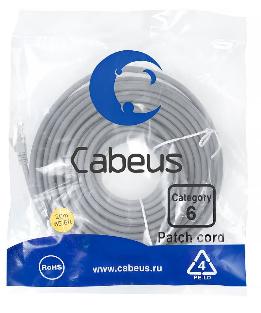 Cabeus PC-UTP-RJ45-Cat.6-20m-LSZH Патч-корд U/UTP, категория 6, 2xRJ45/8p8c, неэкранированный, серый, LSZH, 20м
