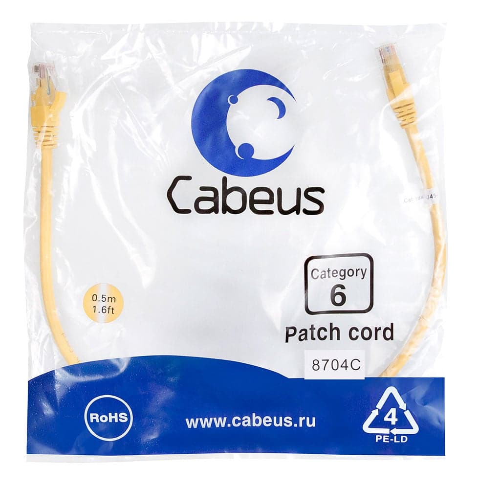 Cabeus PC-UTP-RJ45-Cat.6-0.5m-YL Патч-корд U/UTP, категория 6, 2xRJ45/8p8c, неэкранированный, желтый, PVC, 0.5м
