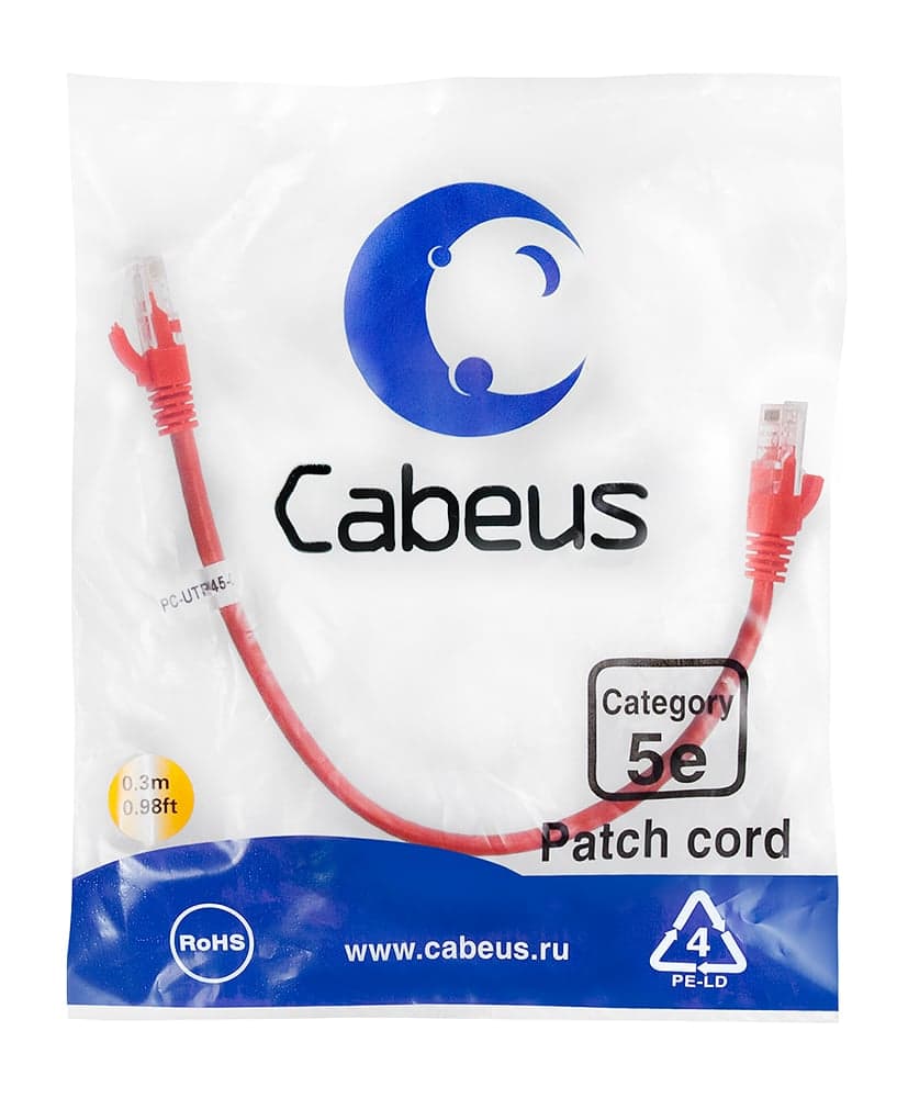 Cabeus PC-UTP-RJ45-Cat.5e-0.3m-RD Патч-корд U/UTP, категория 5е, 2xRJ45/8p8c, неэкранированный, красный, PVC, 0.3м