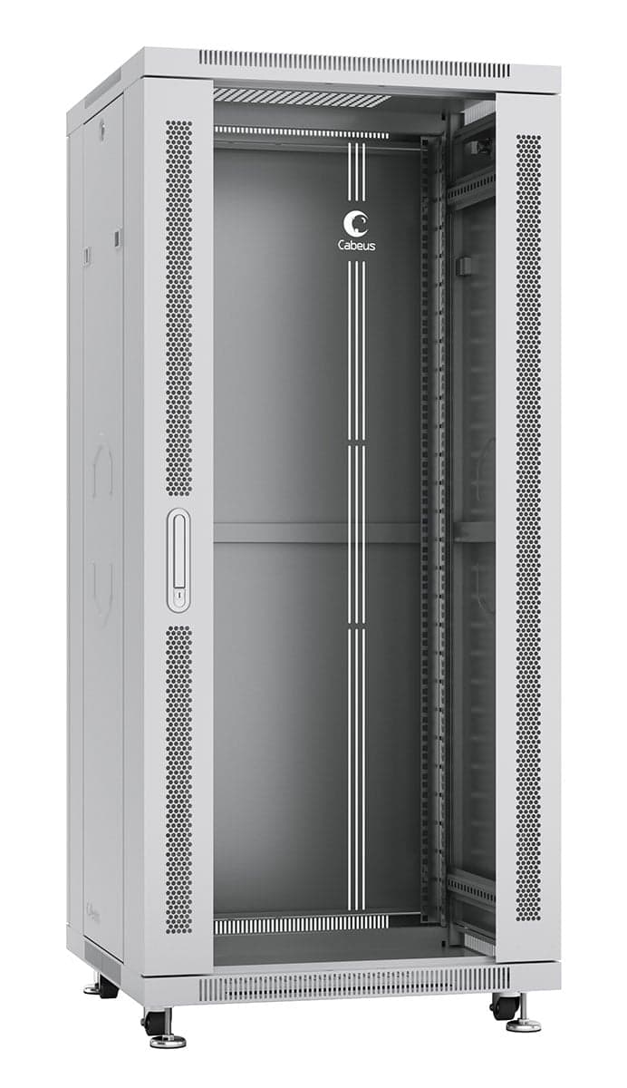 Cabeus SH-05C-27U60/80 Шкаф монтажный телекоммуникационный 19" напольный для распределительного и серверного оборудования 27U 600x800x1388mm (ШхГхВ) передняя стеклянная и задняя сплошная металлическая двери, ручка с замком, цвет серый (RAL 7035)