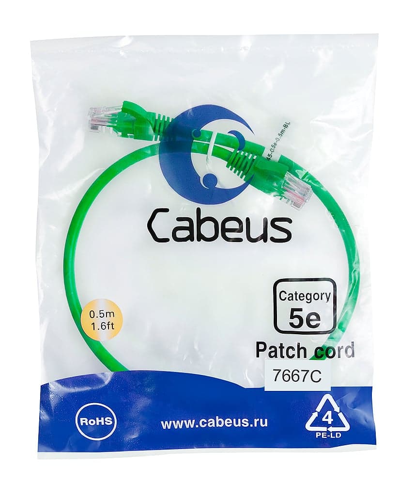 Cabeus PC-UTP-RJ45-Cat.5e-0.5m-GN-LSZH Патч-корд U/UTP, категория 5е, 2xRJ45/8p8c, неэкранированный, зеленый, LSZH, 0.5м