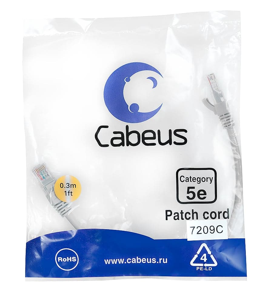 Cabeus PC-UTP-RJ45-Cat.5e-0.3m Патч-корд U/UTP, категория 5е, 2xRJ45/8p8c, неэкранированный, серый, PVC, 0.3м