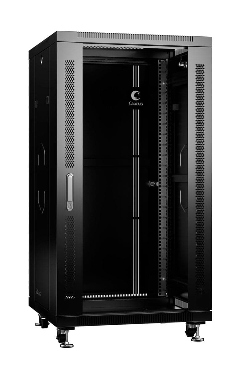 Cabeus SH-05C-22U60/80-BK Шкаф монтажный телекоммуникационный 19" напольный для распределительного и серверного оборудования 22U 600x800x1166mm (ШхГхВ) передняя стеклянная и задняя сплошная металлическая двери, ручка с замком, цвет черный (RAL 9004)