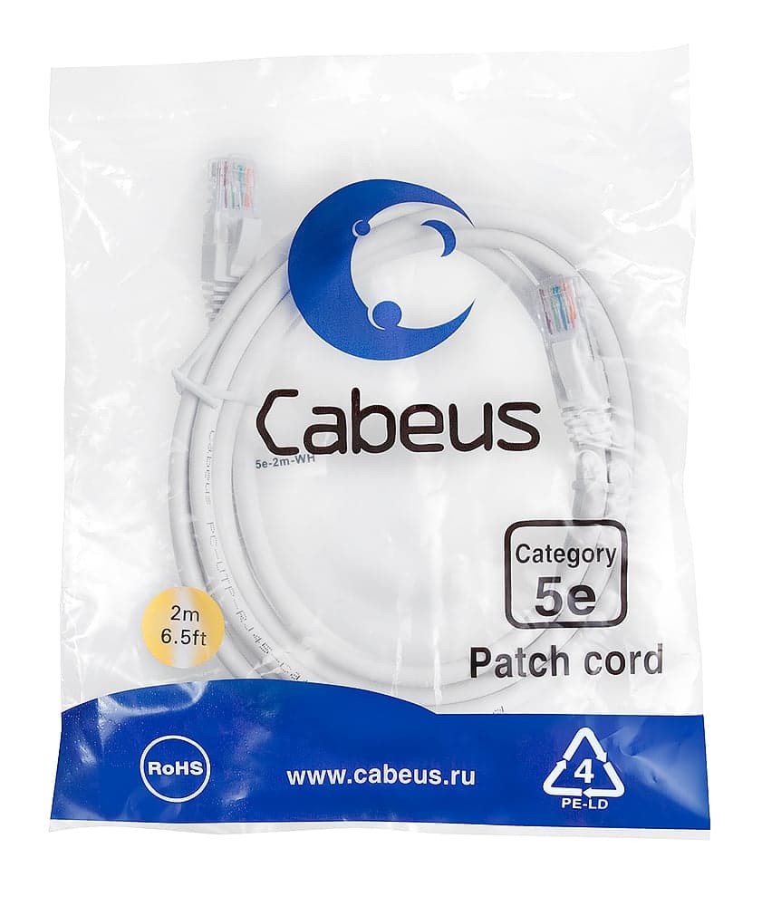 Cabeus PC-UTP-RJ45-Cat.5e-2m-WH Патч-корд U/UTP, категория 5е, 2xRJ45/8p8c, неэкранированный, белый, PVC, 2м