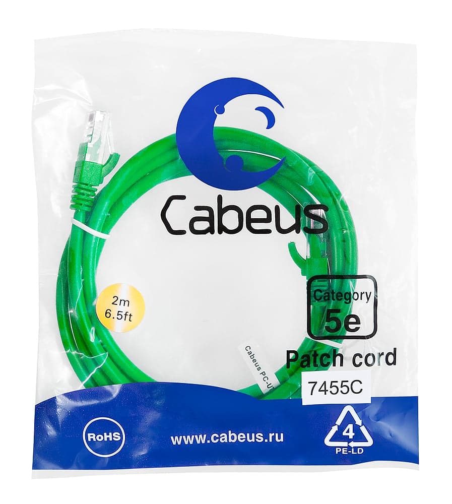 Cabeus PC-UTP-RJ45-Cat.5e-2m-GN Патч-корд U/UTP, категория 5е, 2xRJ45/8p8c, неэкранированный, зеленый, PVC, 2м