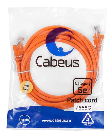 Cabeus PC-UTP-RJ45-Cat.5e-3m-OR Патч-корд U/UTP, категория 5е, 2xRJ45/8p8c, неэкранированный, оранжевый, PVC, 3м