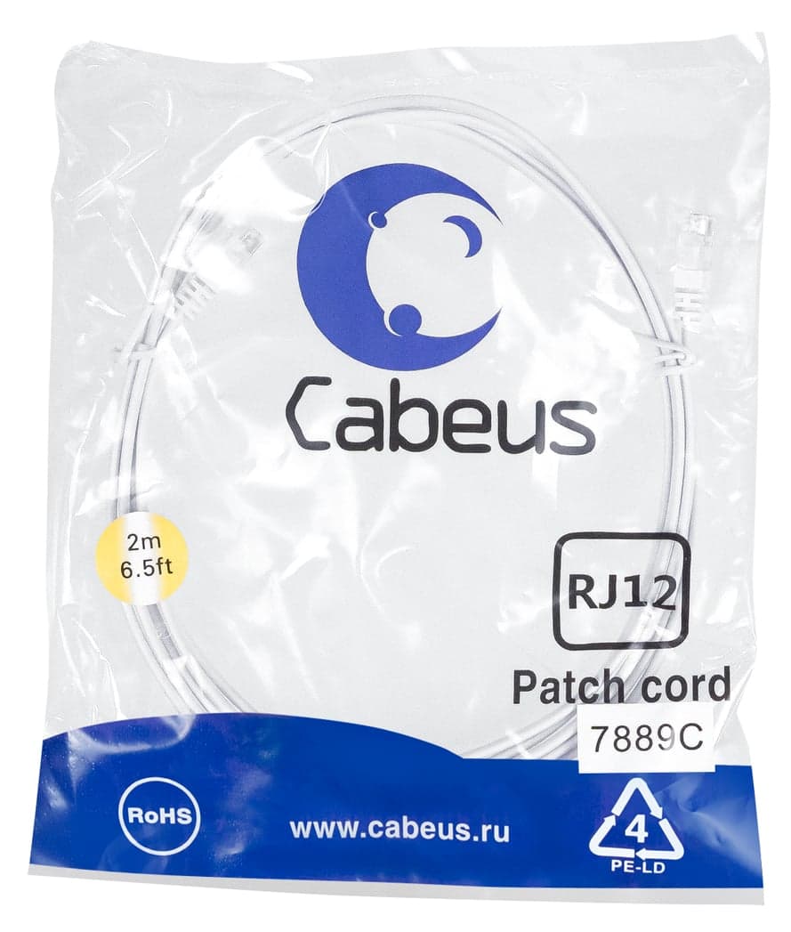 Cabeus PC-TEL-RJ12-2m Патч-корд телефонный 2х6р4с, белый, PVC, 2 м