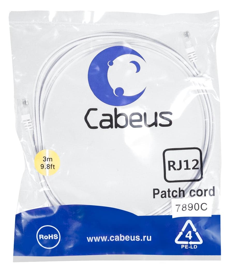 Cabeus PC-TEL-RJ12-3m Патч-корд телефонный 2х6р4с, белый, PVC, 3 м