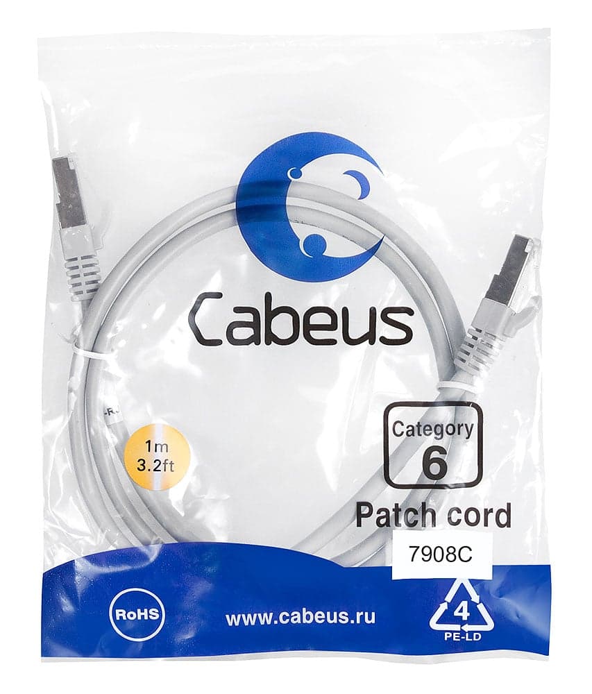 Cabeus PC-FTP-RJ45-Cat.6-1m-LSZH Патч-корд F/UTP, категория 6, 2xRJ45/8p8c, экранированный, серый, LSZH, 1м
