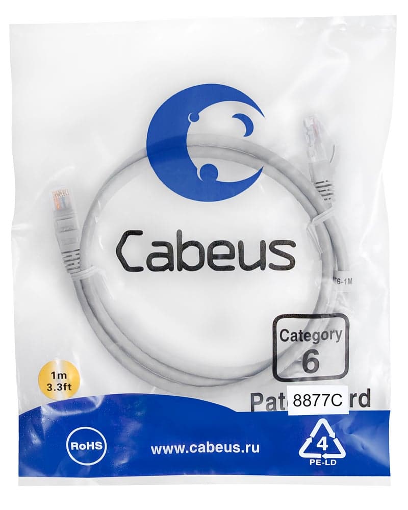 Cabeus PC-UTP-RJ45-Cat.6-1m-LSZH Патч-корд U/UTP, категория 6, 2xRJ45/8p8c, неэкранированный, серый, LSZH, 1м