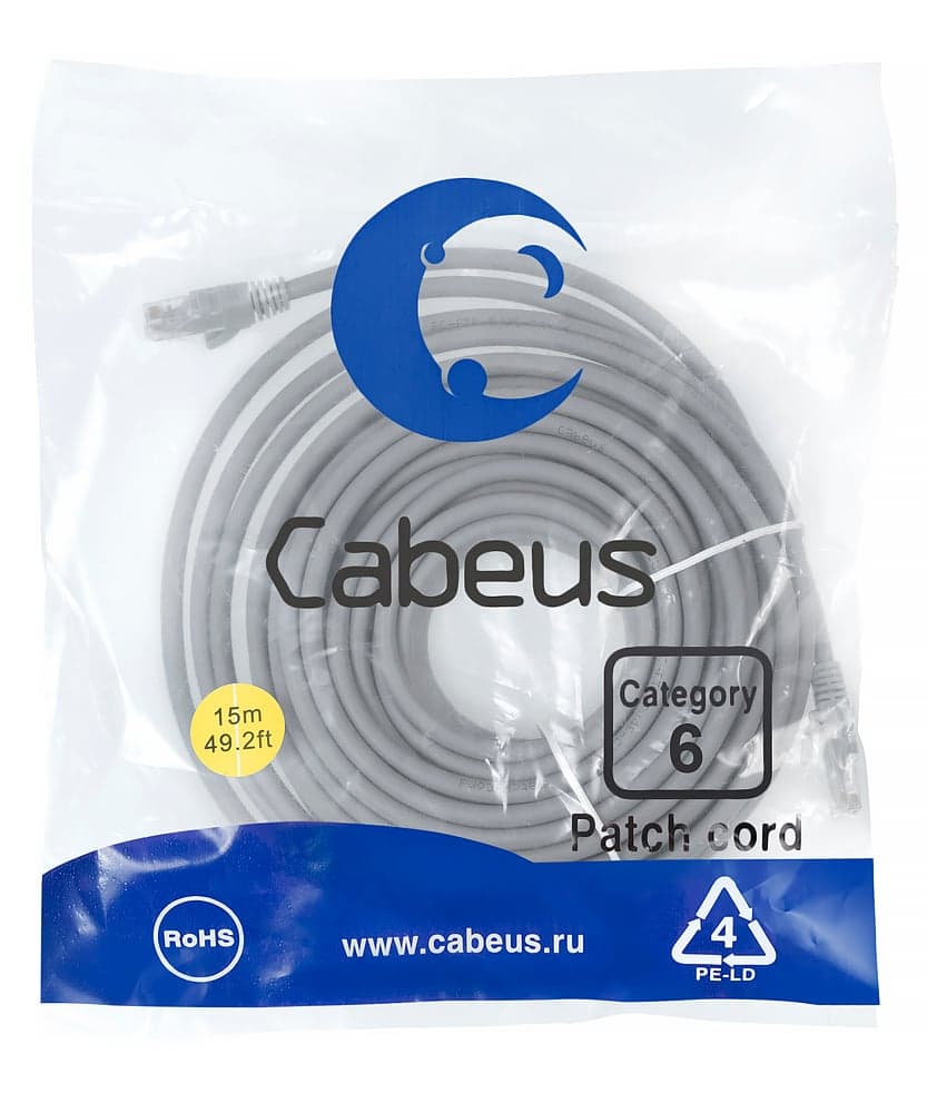 Cabeus PC-UTP-RJ45-Cat.6-15m-LSZH Патч-корд U/UTP, категория 6, 2xRJ45/8p8c, неэкранированный, серый, LSZH, 15м