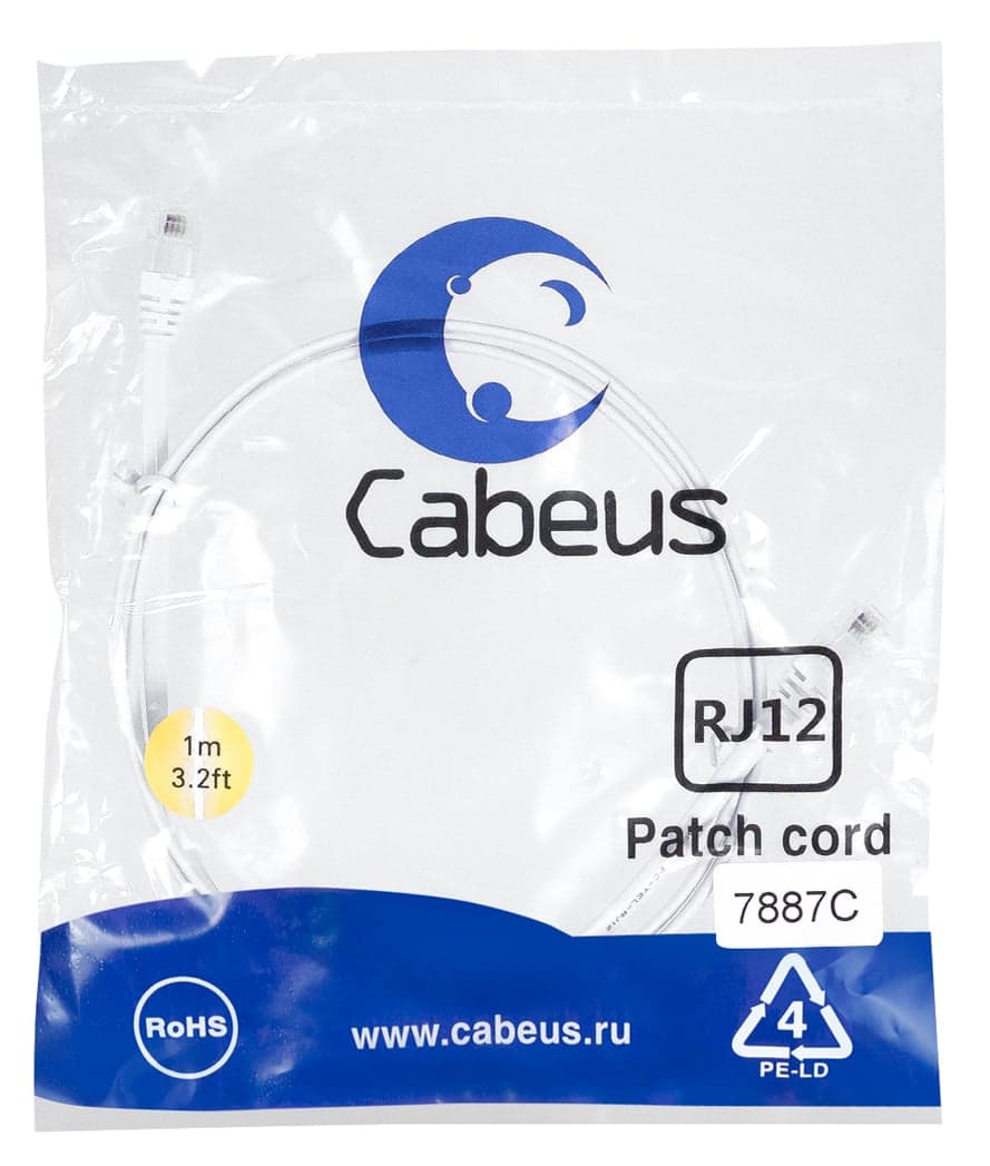 Cabeus PC-TEL-RJ12-1m Патч-корд телефонный 2х6р4с, белый, PVC, 1 м