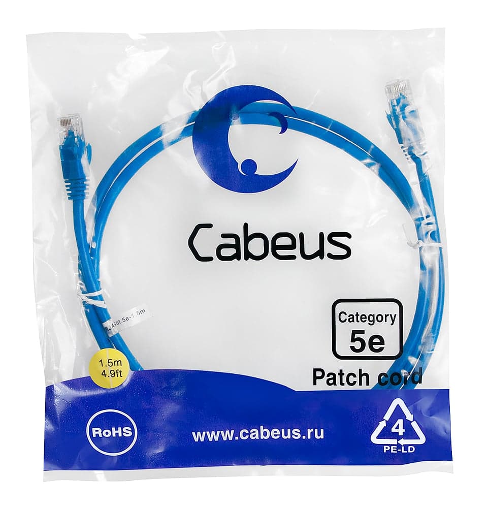 Cabeus PC-UTP-RJ45-Cat.5e-1.5m-BL-LSZH Патч-корд U/UTP, категория 5е, 2xRJ45/8p8c, неэкранированный, синий, LSZH, 1.5м