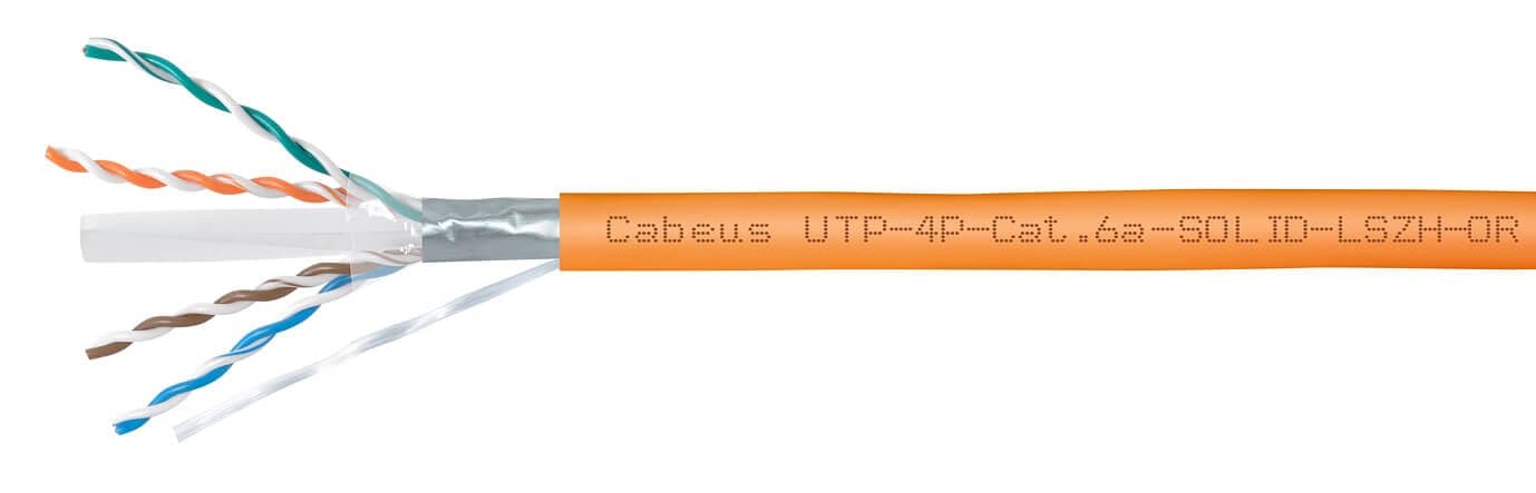Cabeus UTP-4P-Cat.6a-SOLID-LSZH-OR Кабель витая пара UTP (U/UTP), категория 6A, 4 пары (23 AWG), одножильный, LSZH нг(А)-HF, оранжевый (305 м)