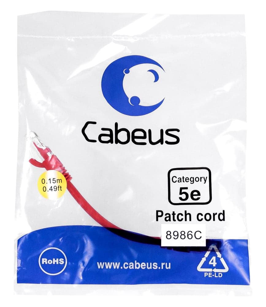 Cabeus PC-UTP-RJ45-Cat.5e-0.15m-RD-LSZH Патч-корд U/UTP, категория 5е, 2xRJ45/8p8c, неэкранированный, красный, LSZH, 0.15м