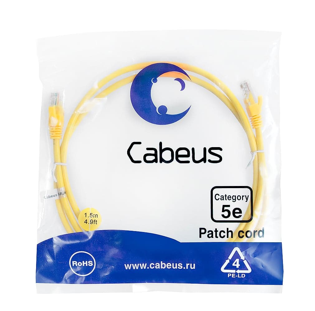 Cabeus PC-UTP-RJ45-Cat.5e-1.5m-YL-LSZH Патч-корд U/UTP, категория 5е, 2xRJ45/8p8c, неэкранированный, желтый, LSZH, 1.5м