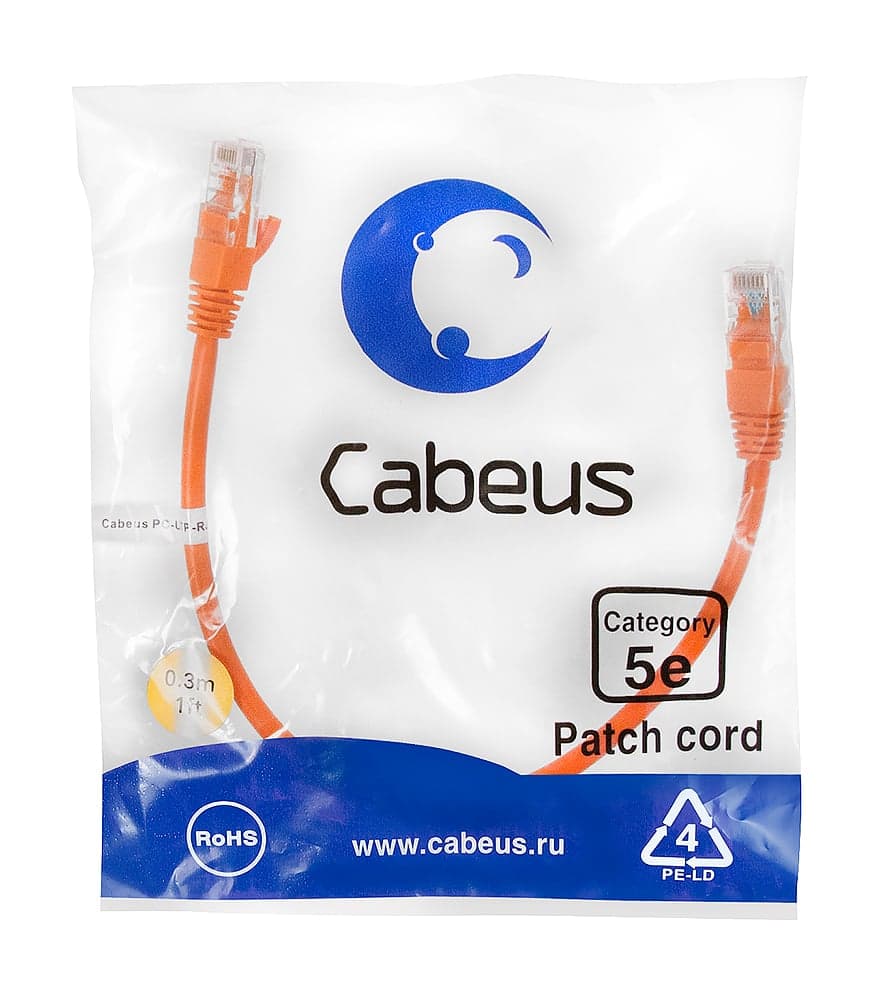 Cabeus PC-UTP-RJ45-Cat.5e-0.3m-OR-LSZH Патч-корд U/UTP, категория 5е, 2xRJ45/8p8c, неэкранированный, оранжевый, LSZH, 0.3м