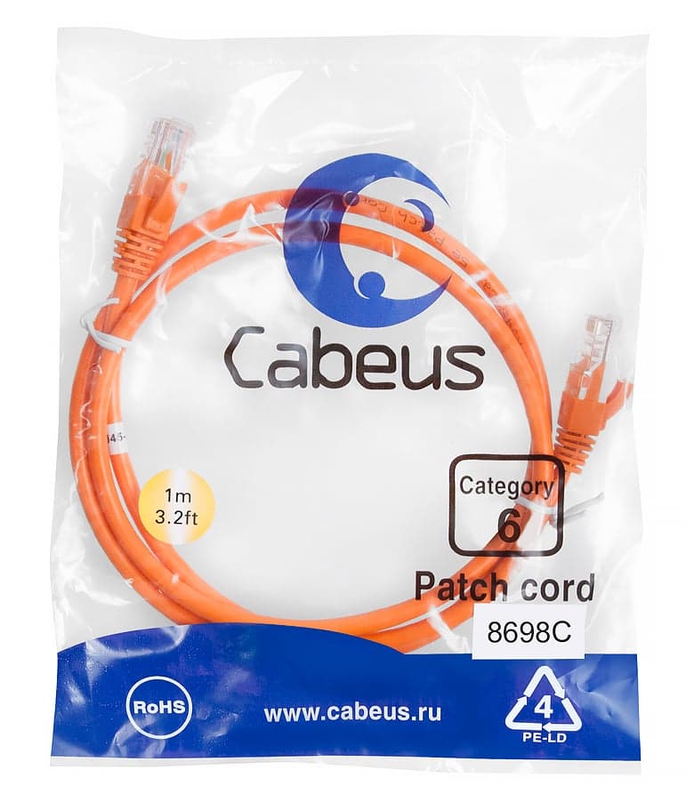 Cabeus PC-UTP-RJ45-Cat.6-1m-OR Патч-корд U/UTP, категория 6, 2xRJ45/8p8c, неэкранированный, оранжевый, PVC, 1м