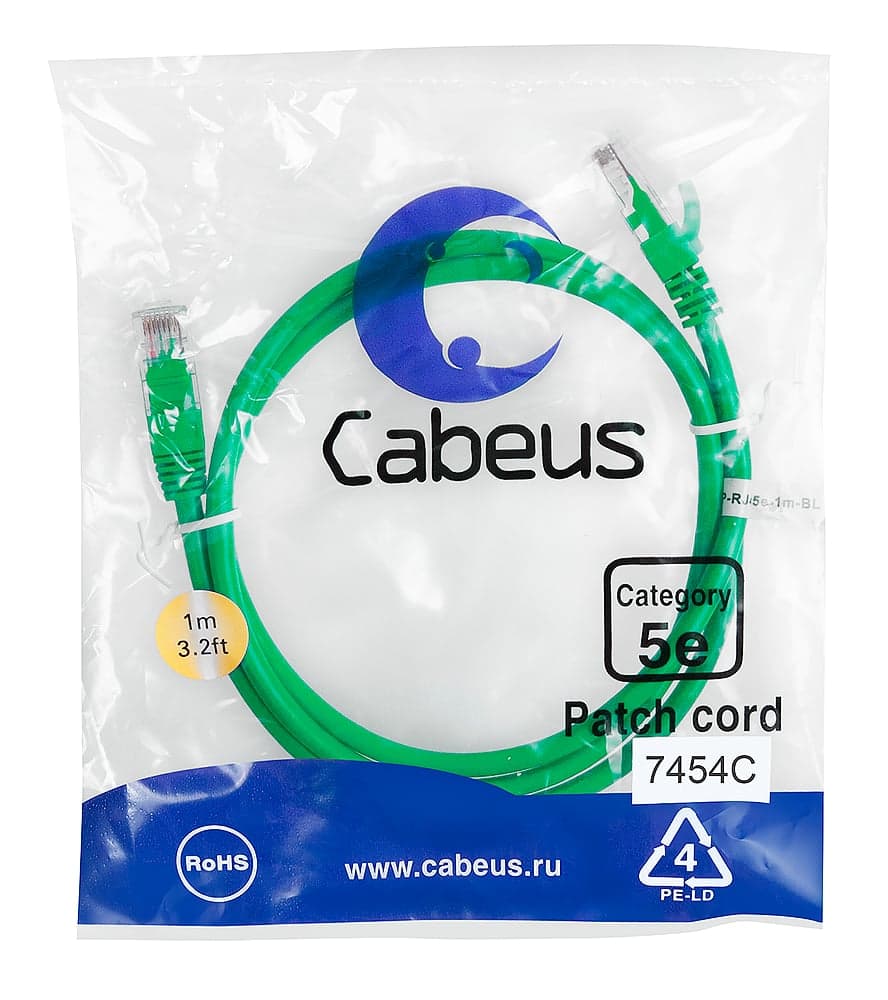 Cabeus PC-UTP-RJ45-Cat.5e-1m-GN-LSZH Патч-корд U/UTP, категория 5е, 2xRJ45/8p8c, неэкранированный, зеленый, LSZH, 1м