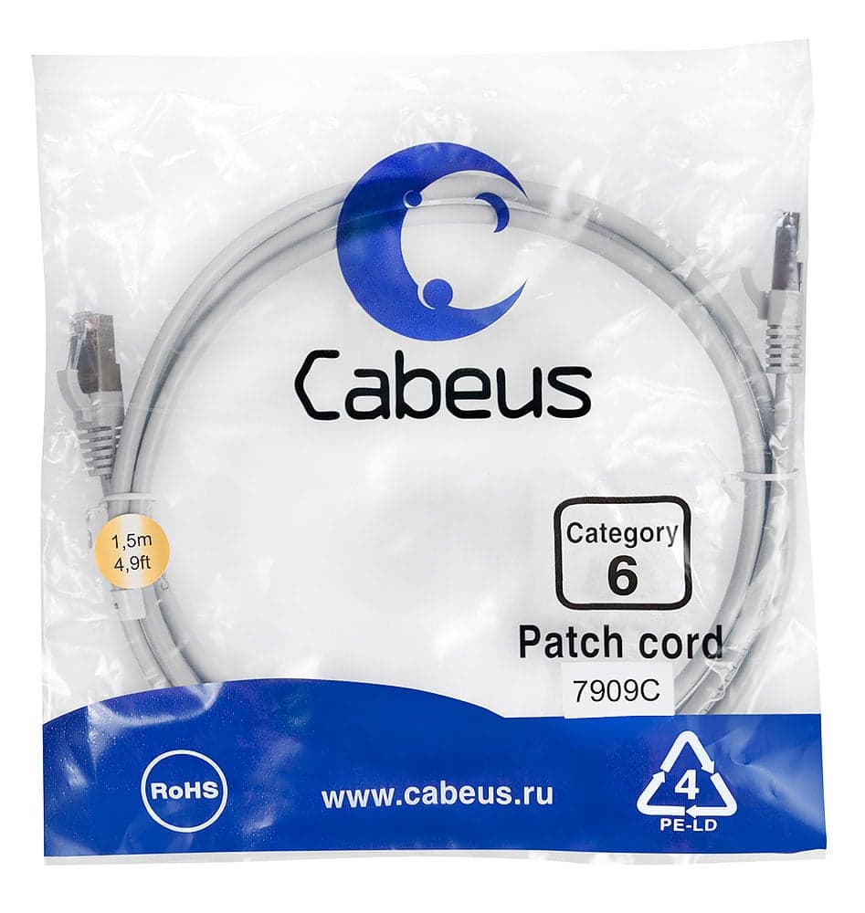 Cabeus PC-FTP-RJ45-Cat.6-1.5m-LSZH Патч-корд F/UTP, категория 6, 2xRJ45/8p8c, экранированный, серый, LSZH, 1.5м