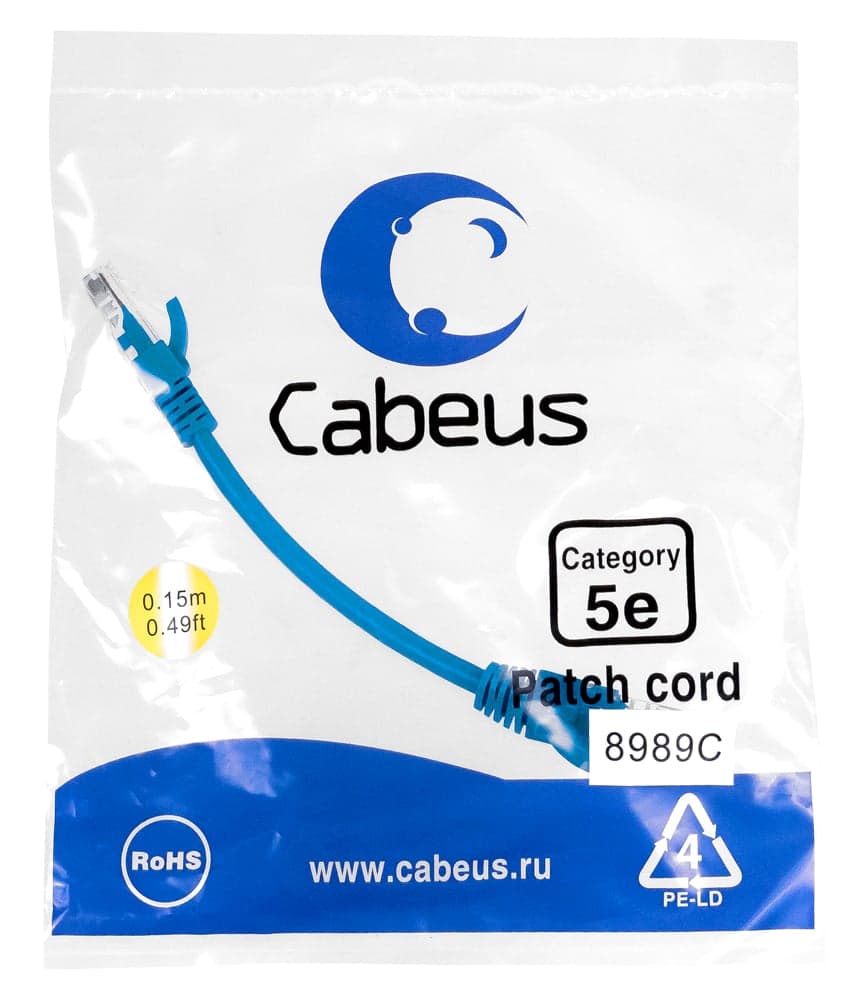 Cabeus PC-UTP-RJ45-Cat.5e-0.15m-BL-LSZH Патч-корд U/UTP, категория 5е, 2xRJ45/8p8c, неэкранированный, синий, LSZH, 0.15м