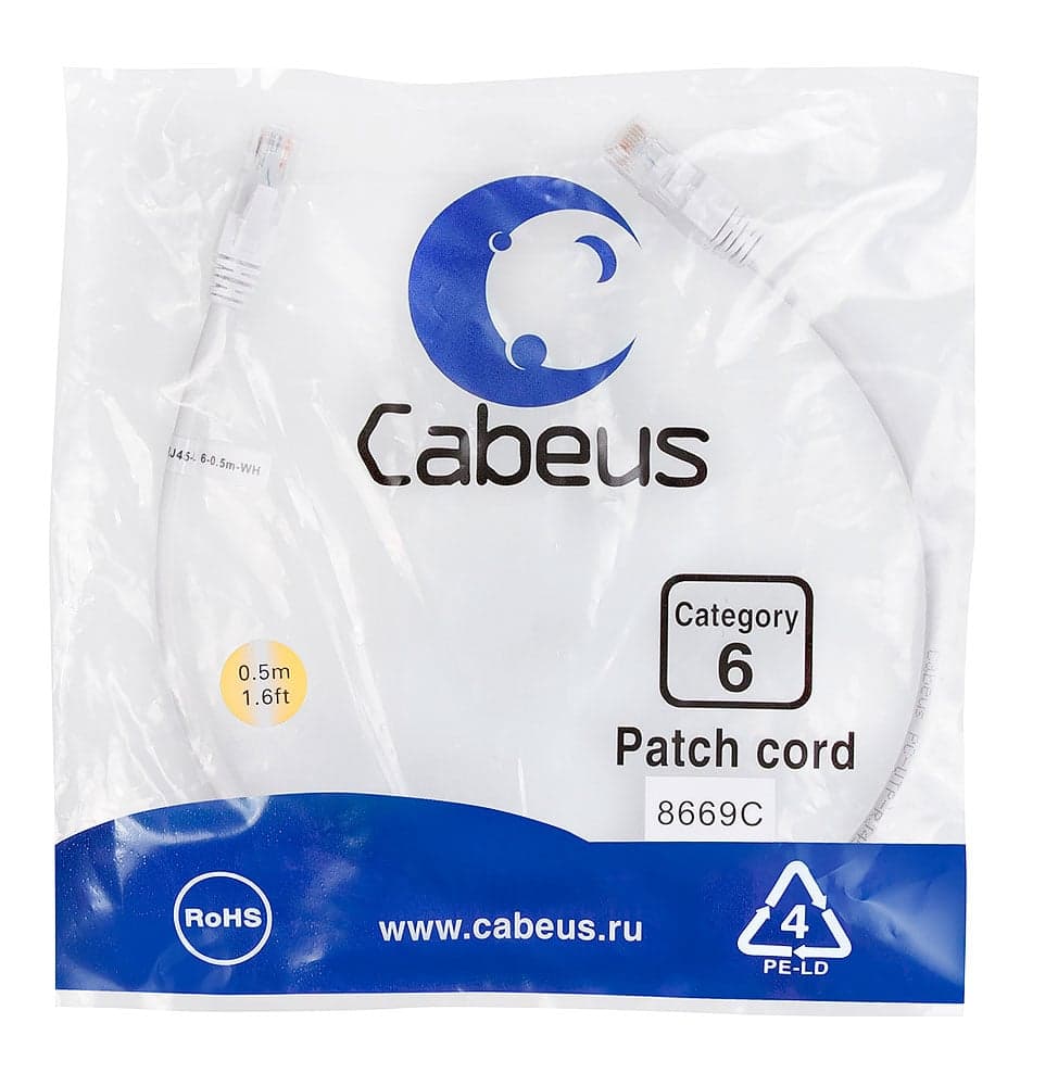 Cabeus PC-UTP-RJ45-Cat.6-0.5m-WH Патч-корд U/UTP, категория 6, 2xRJ45/8p8c, неэкранированный, белый, PVC, 0.5м