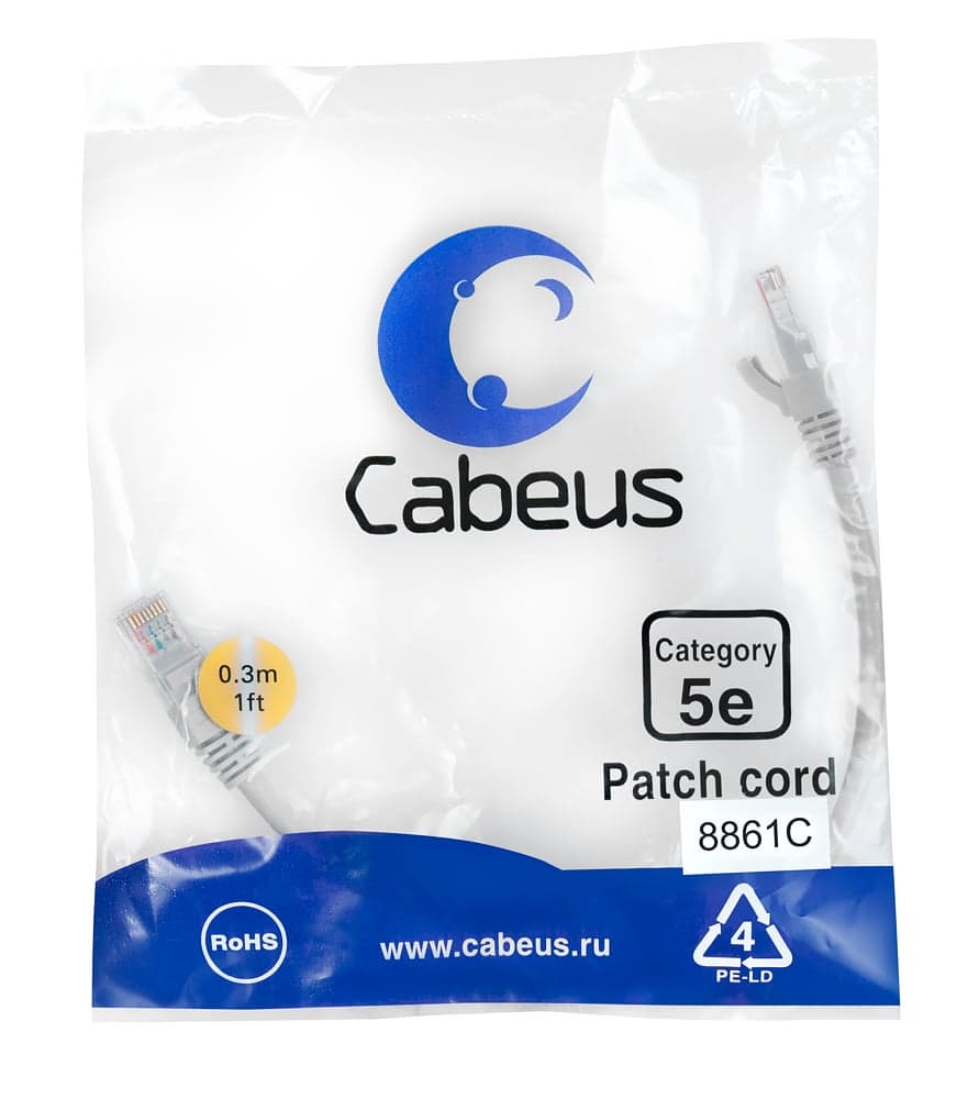 Cabeus PC-UTP-RJ45-Cat.5e-0.3m-LSZH Патч-корд U/UTP, категория 5е, 2xRJ45/8p8c, неэкранированный, серый, LSZH, 0.3м