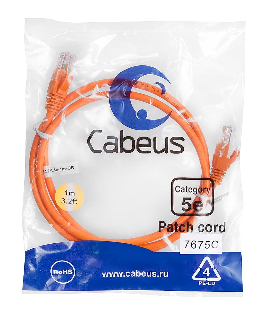 Cabeus PC-UTP-RJ45-Cat.5e-1m-OR-LSZH Патч-корд U/UTP, категория 5е, 2xRJ45/8p8c, неэкранированный, оранжевый, LSZH, 1м