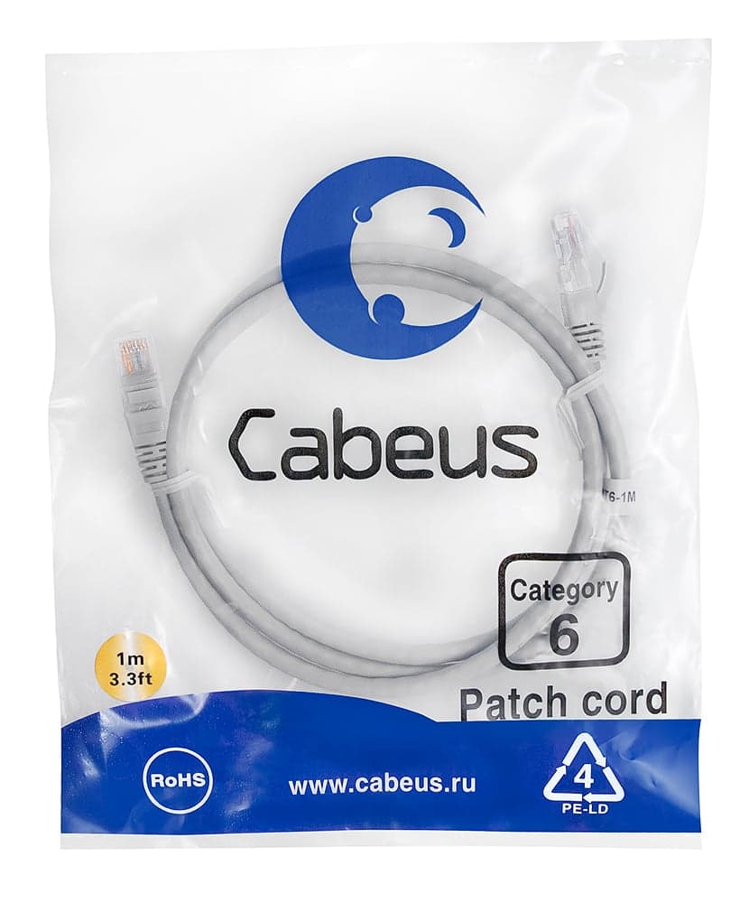 Cabeus PC-UTP-RJ45-Cat.6-1m Патч-корд U/UTP, категория 6, 2xRJ45/8p8c, неэкранированный, серый, PVC, 1м