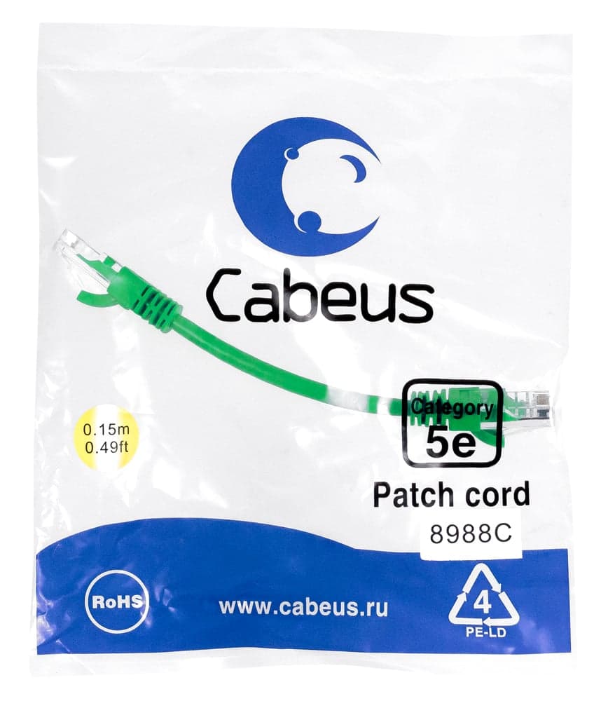 Cabeus PC-UTP-RJ45-Cat.5e-0.15m-GN-LSZH Патч-корд U/UTP, категория 5е, 2xRJ45/8p8c, неэкранированный, зеленый, LSZH, 0.15м