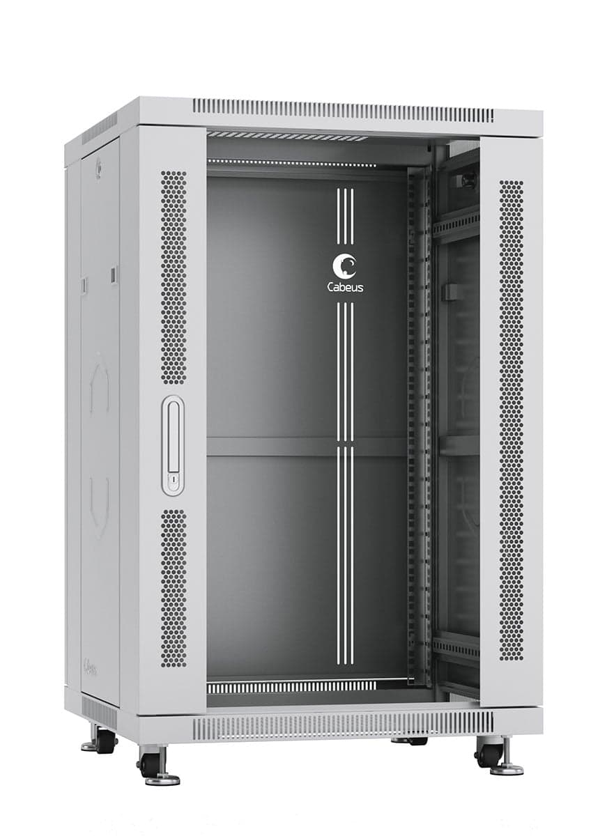 Cabeus SH-05C-18U60/60 Шкаф монтажный телекоммуникационный 19" напольный для распределительного и серверного оборудования 18U 600x600x988mm (ШхГхВ) передняя стеклянная и задняя сплошная металлическая двери, ручка с замком, цвет серый (RAL 7035)