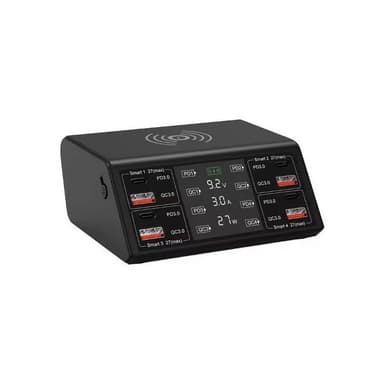 Зарядное устройство SmartiNext 100Вт, черный SN-CH100WCL 5 USB портов (2 USB Type-A, 6 USB Type-C), порт USB 65 Вт: Нет, зарядка ноутбука: Нет, быстрая зарядка:Да, PD: Да, QC3.0: Да, Беспроводная зарядка: Да, Дисплей: Да, Размер 115х95х50 мм, кабель EU