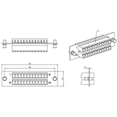 Панель Hyperline FO-FPM-W120H32-24LC-BL  для FO-19BX с 24 LC адаптерами, 24 волокна, одномод OS1/OS2, 120x32 мм, адаптеры цвета синий (blue) 
