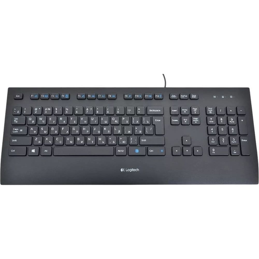 Клавиатура Logitech K280E |920-005215| черная, низкопрофильная, 103 клавиши, подставка под запястья, защита от воды, USB 1,8м, (046832)