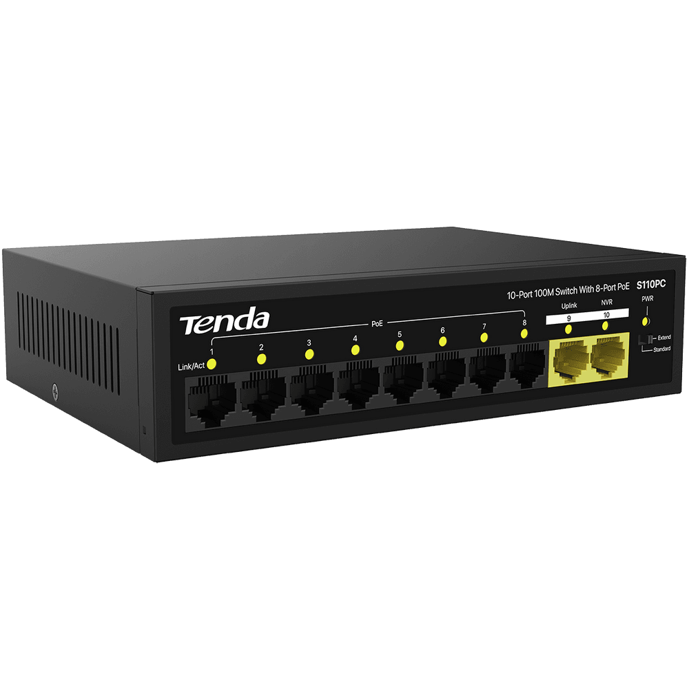 Коммутатор Tenda S110PC Коммутатор неуправляемый PoE, 10 портов 10x100 Мбит/с, PoE 8х до 30 Вт, настольный