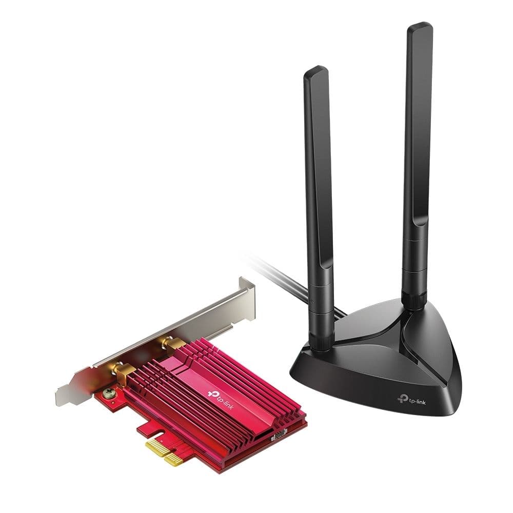 Сетевой адаптер TP-LINK Archer TX3000E 11AX 3000 Мбит/с двухдиапазонный PCI-E адаптер, до 2402 Мбит/c на 5 ГГц и до 574 Мбит/c на 2,4 ГГц, поддержка Bluetooth 5.0 и шифрования WPA2, две съёмные внешние антенны, в комплекте идёт 1 магнитное основание и 1 радиочастотный кабель {1