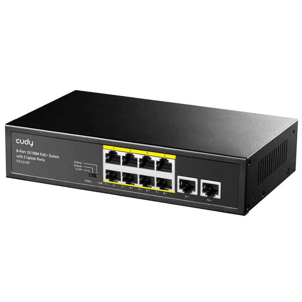 Коммутатор CUDY  FS1010P  8-Port 10/100M PoE+ Switch with 2 Uplink Ports 120W   8-Port 10/100M PSE RJ-45  +2 RJ45 10/100M Uplink Port Unmanaged PoE+ Switch 120W, CCTV/VLAN mode support, long distance:250M at CCTV mode.  802.3af/at standard, Support PD Alive Function, ±4 KV Surge Protection, Alternative 1/2(+),3/6(-),Steel Case,Watchdo