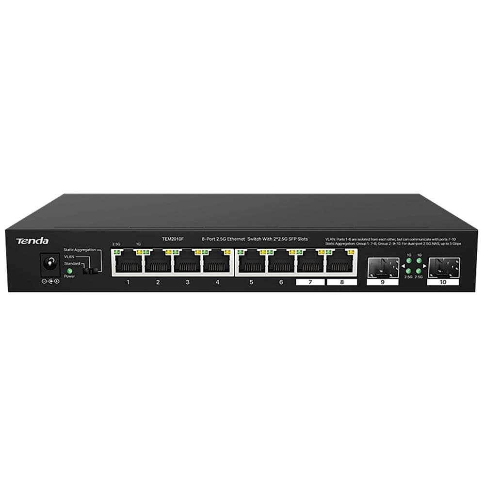 Коммутатор Tenda TEM2010F Коммутатор неуправляемый, 10 портов 10x1 Гбит/с, RJ-45 8х2,5 Гбит/с, SFP 2х2,5 Гбит/с, настольный, металлический корпус