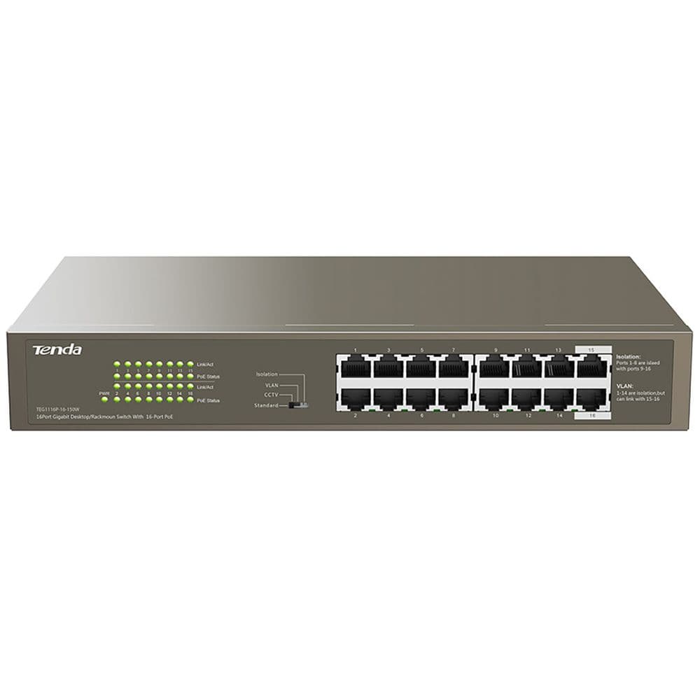 Коммутатор Tenda TEG1116P-16-150W Коммутатор неуправляемый PoE, 16 портов 16x1 Гбит/с, PoE 16х30 Вт (до 135Вт), установка в стойку