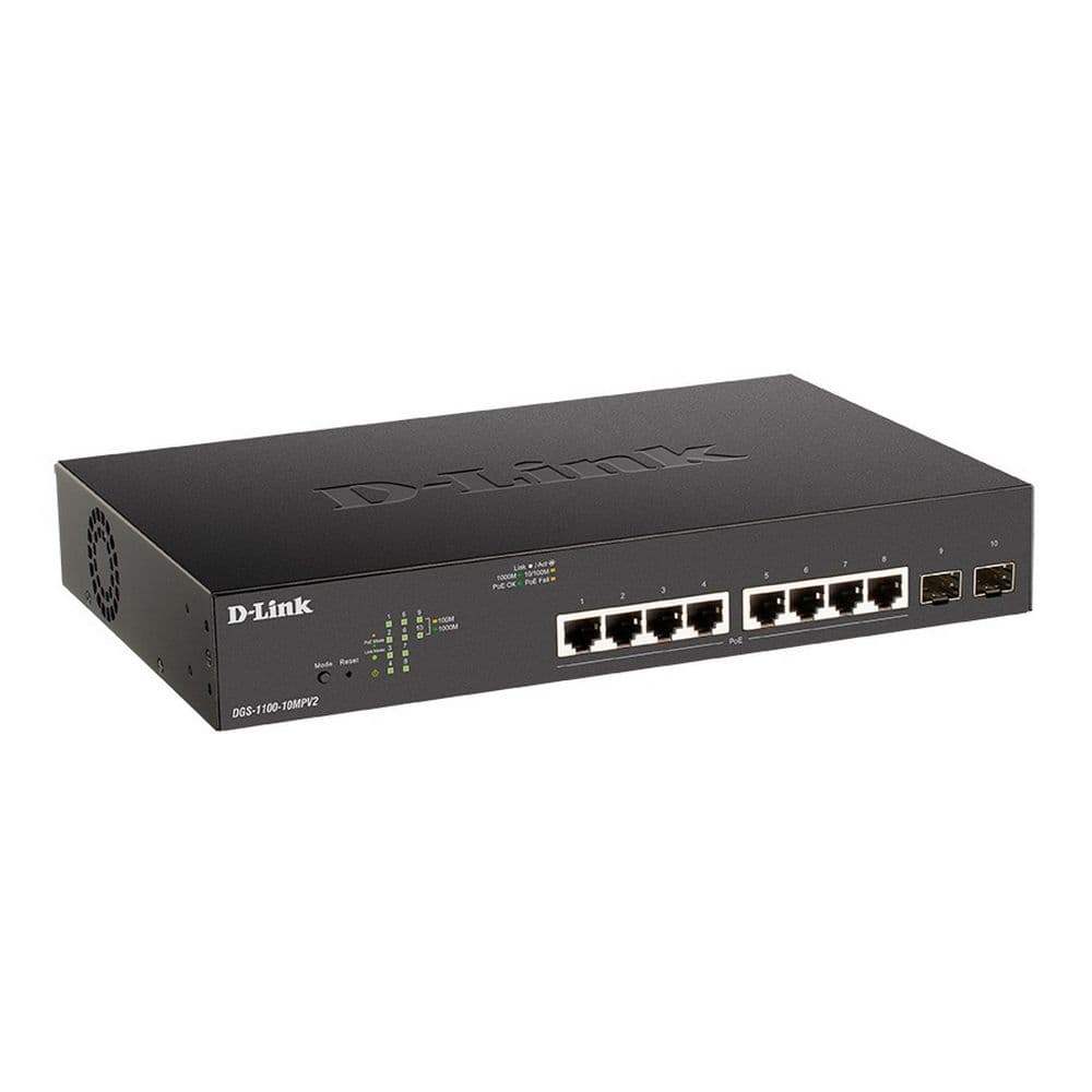 Коммутатор D-Link DGS-1100-10MPV2/A3A Настраиваемый L2 коммутатор с 8 портами 10/100/1000Base-T и 2 портами 1000Base-X SFP (8 портов PoE 802.3af/at, PoE-бюджет 130 Вт)
