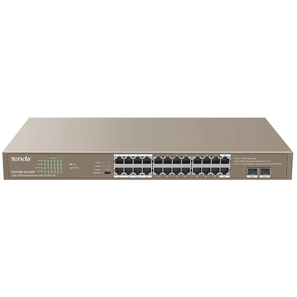 Коммутатор Tenda TEG1126P-24-410W Коммутатор неуправляемый PoE, 24 порта 24x1 Гбит/с, PoE 24х30 Вт (до 370Вт), SFP 2x1 Гбит/с, установка в стойку