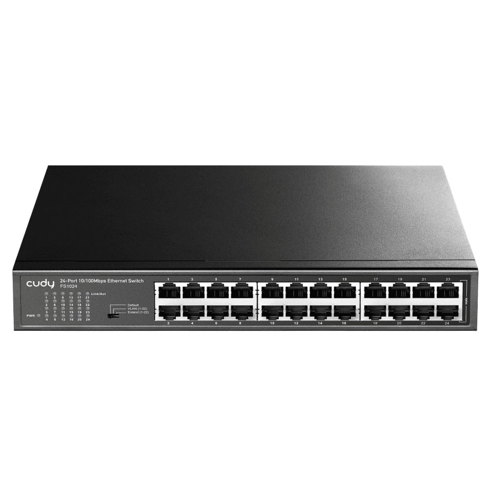 Коммутатор CUDY 24-Port 10/100 Mbps Metal Switch 24-Port 10/100 Mbps Switch, 24 10/100 Mbps RJ45 Ports, Switch/VLAN/Extend working mode DIP switch, Rack-mountable Steel Case, Power Saving, Plug & Play, Rack-Mount kits included