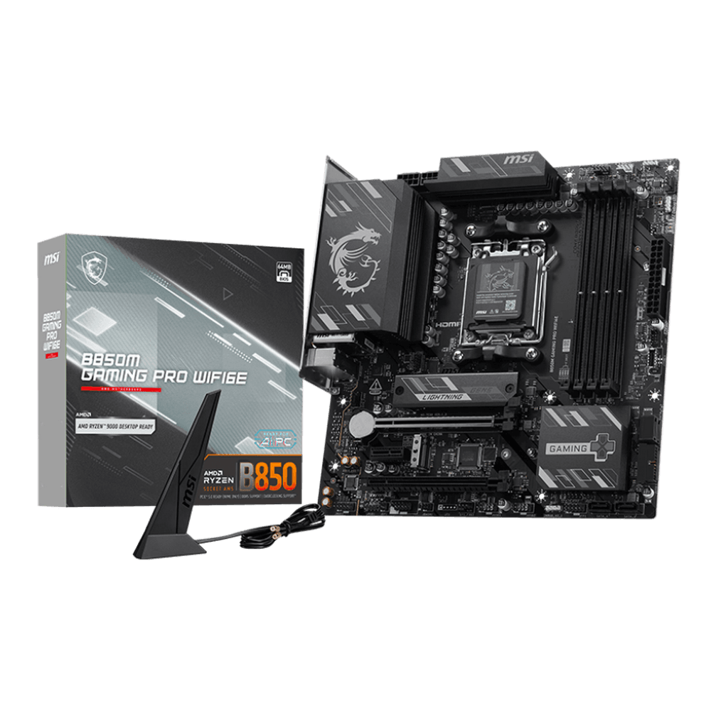 Материнская плата MSI B850M GAMING PRO WIFI6E B850, AM5, 4*DDR5, 4*PCIEx16, 2*M.2, 2*TypeC, 3*USB3.2Gen2, 6*USB3.2Gen1, 4*USB2.0, 4*SATA3.0, 2.5G, DP, HDMI, mATX, RTL