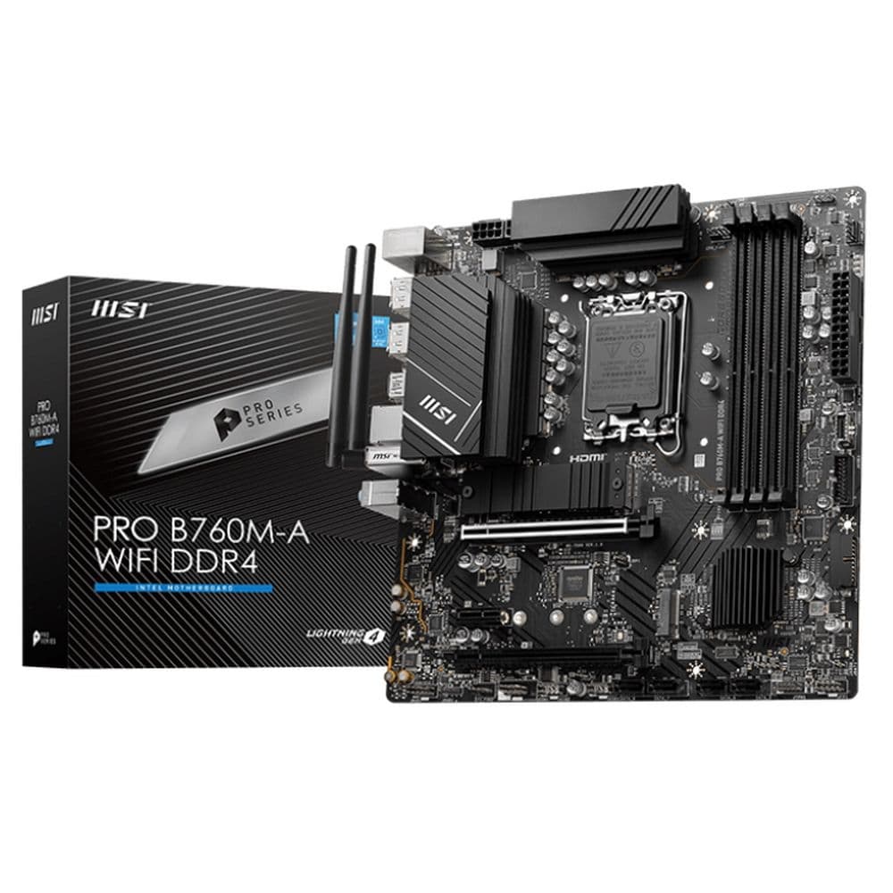 Материнская плата MSI PRO B760M-A WIFI DDR4 B760, LGA1700, 4*DDR4, 2*PCIEx16, 1*PCIEx1, 2*M.2, 1*TypeC, 2*USB3.2Gen2, 6*USB3.2Gen1, 6*USB2.0, 4*SATA3.0, 2.5G, 2*DP, 2*HDMI, M-ATX, RTL