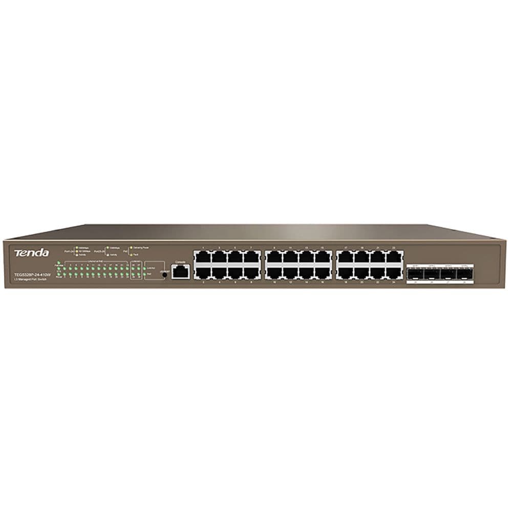Коммутатор Tenda TEG5328P-24-410W Коммутатор управляемый PoE L3, 28 портов 28х1 Гбит/с, PoE 24х30 Вт (до 370Вт), SFP 4х1 Гбит/с, установка в стойку