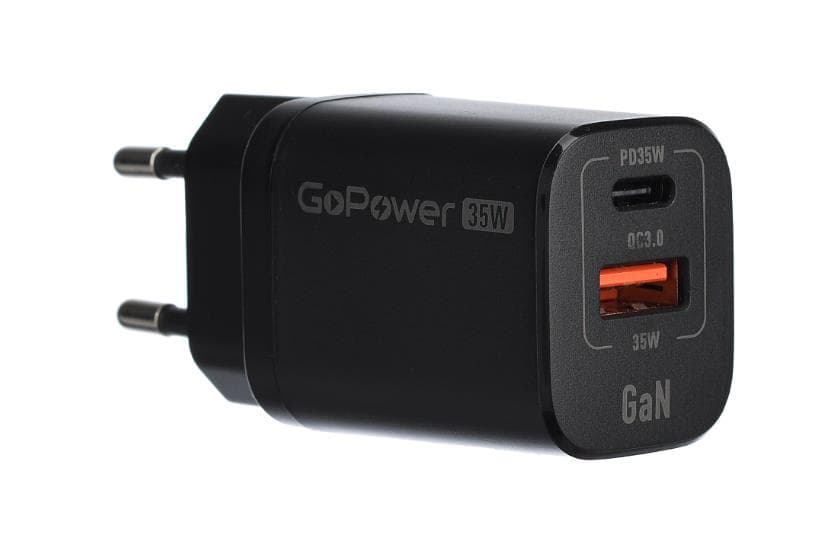 Сетевое З/У/ Сетевое З/У GoPower GPQC09 1USB+1Type-C 35W QC3.0 GAN черный